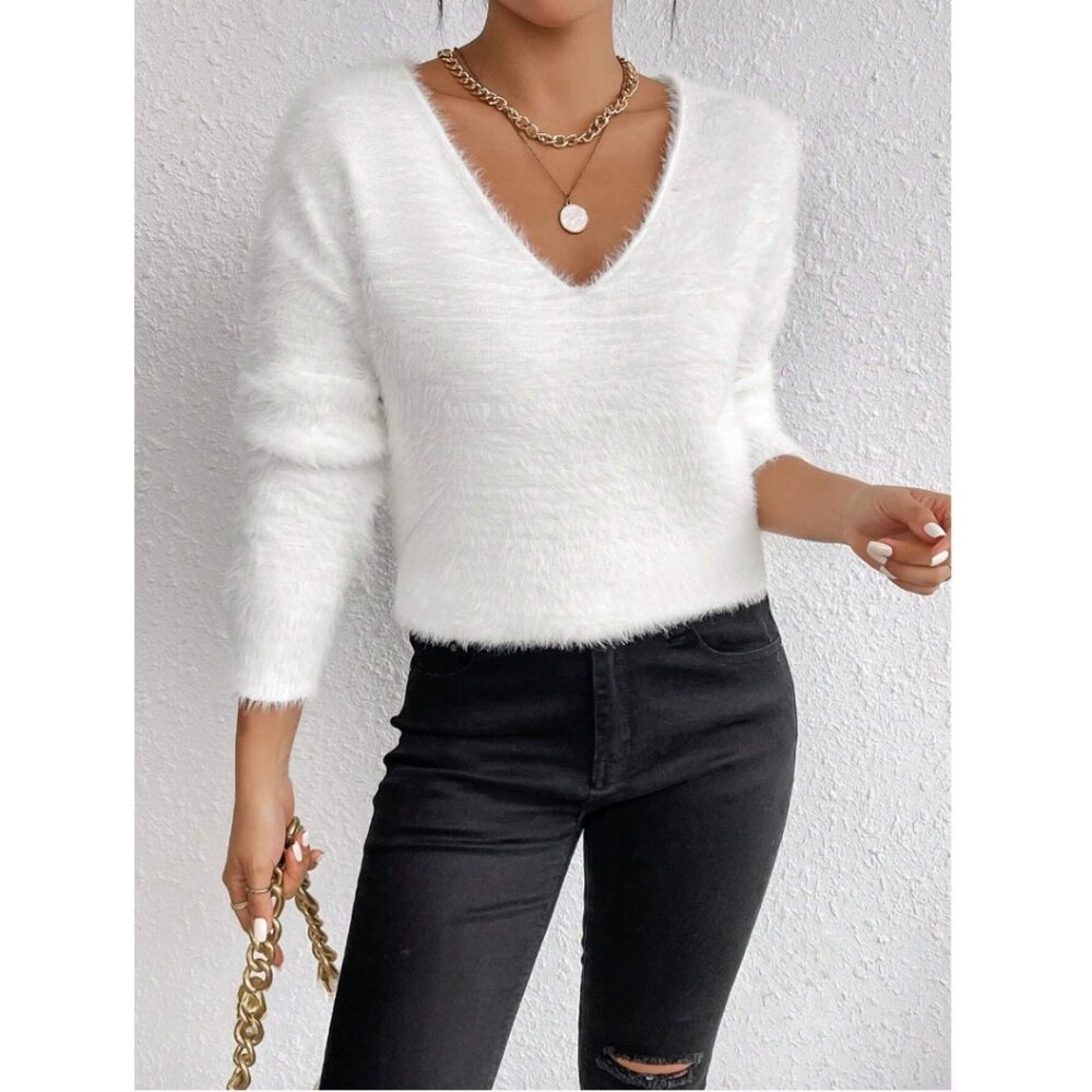 White Drop Shoulder Fuzzy Sweater